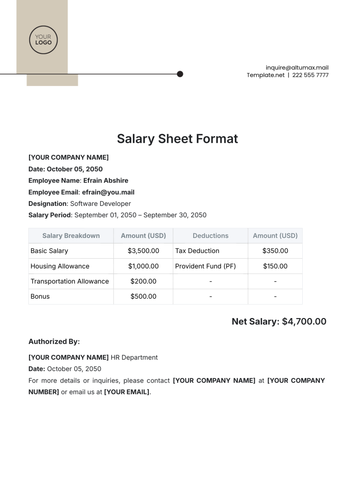 Salary Sheet Format Template - Edit Online & Download