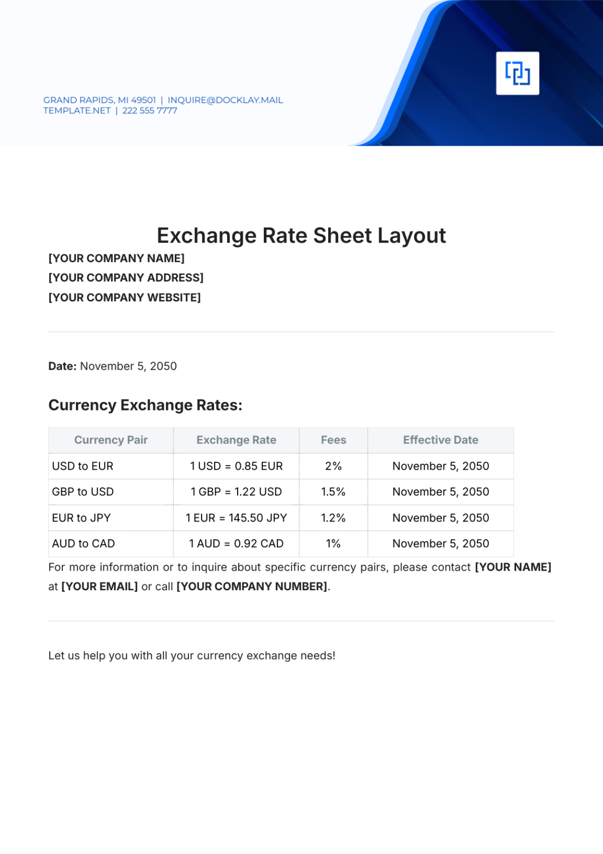 Exchange Rate Sheet Layout Template - Edit Online & Download