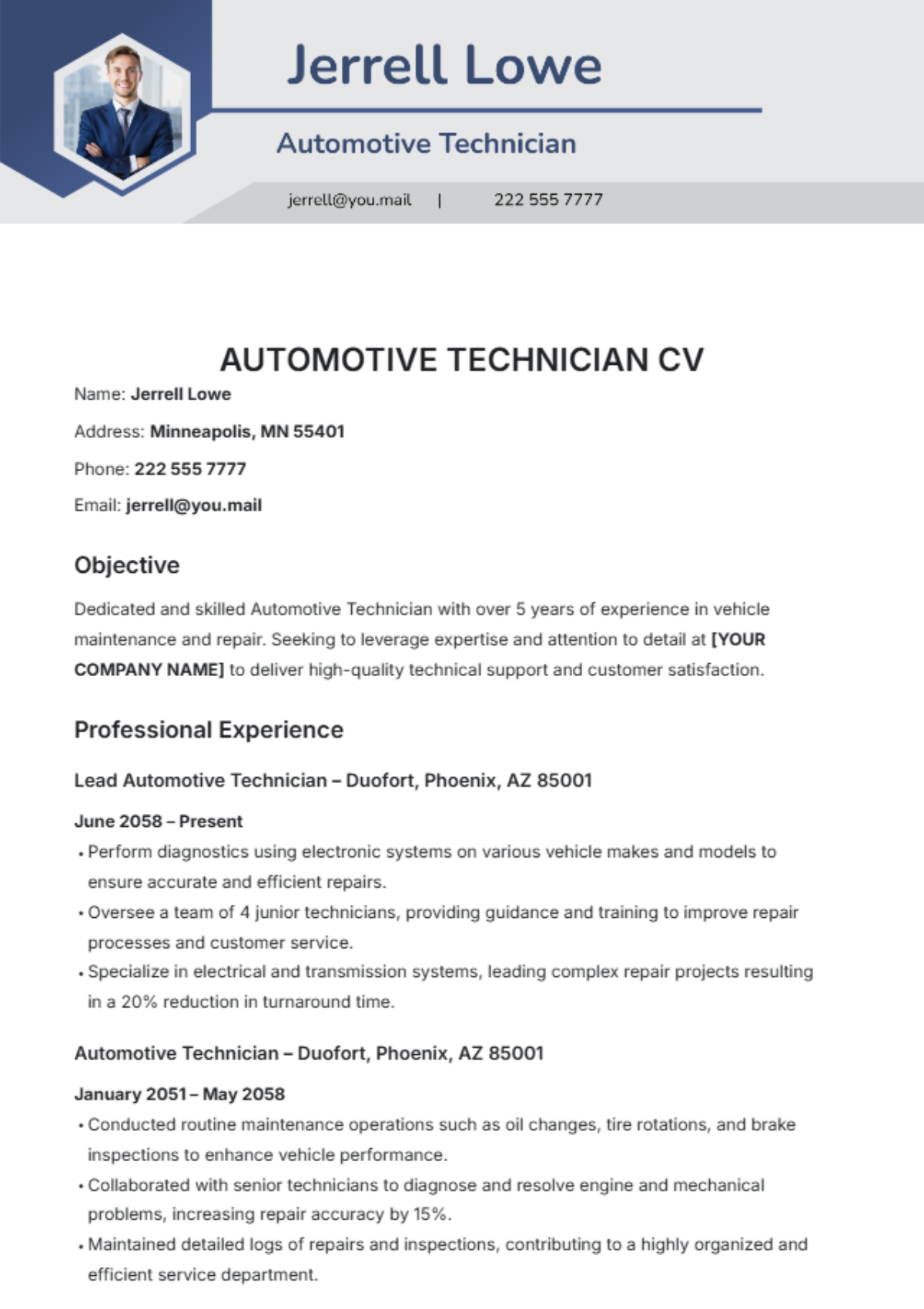 Automotive Technician CV Template - Edit Online & Download