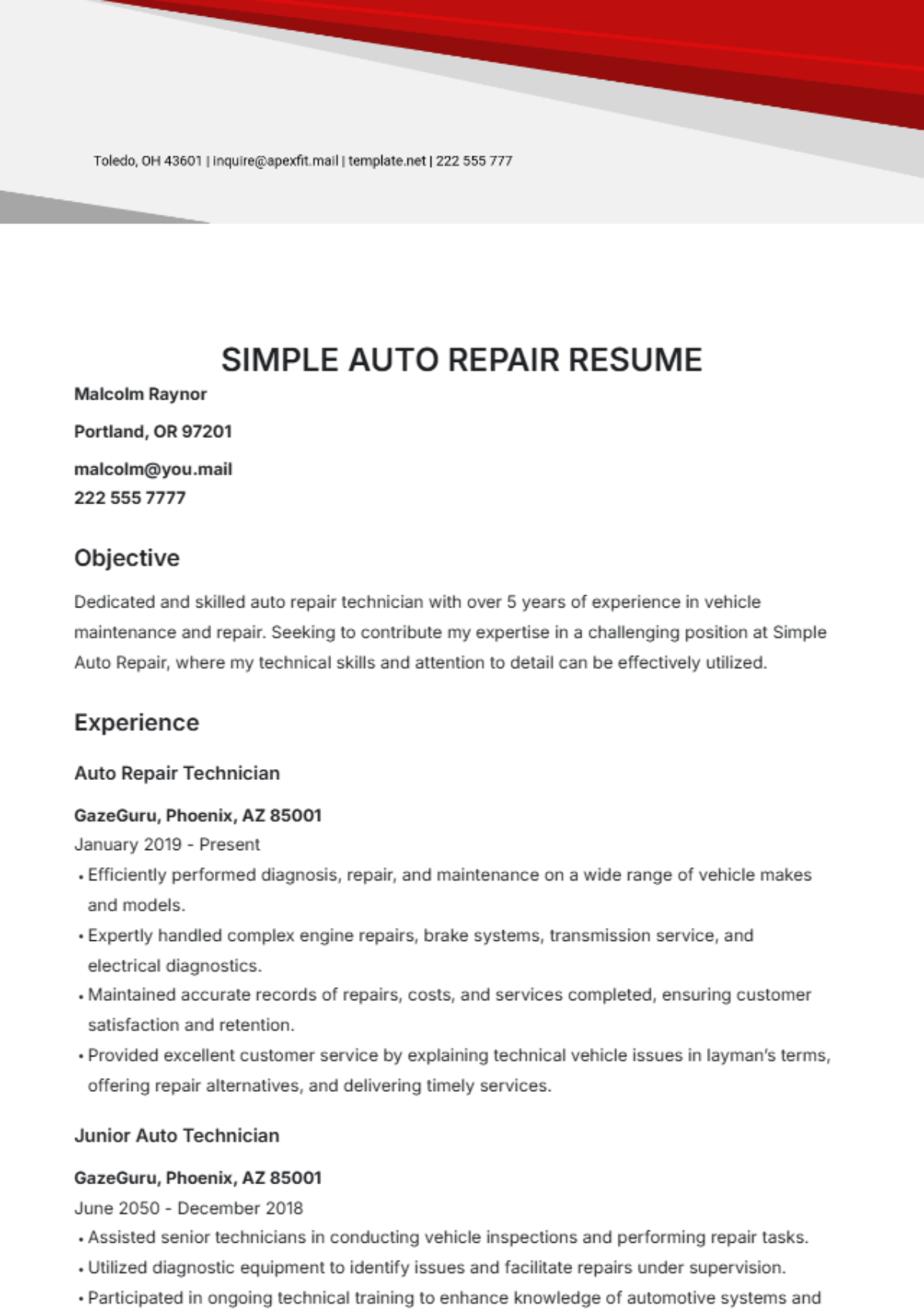 Simple Auto Repair Resume Template - Edit Online & Download