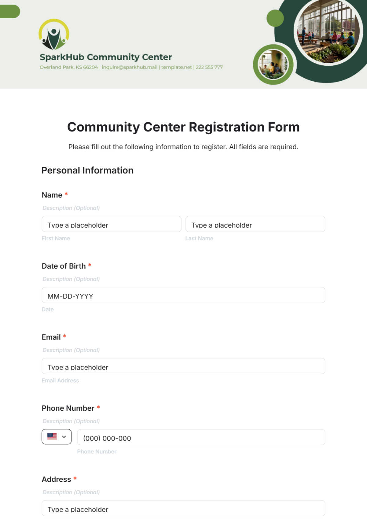 Community Center Registration Form Template - Edit Online & Download