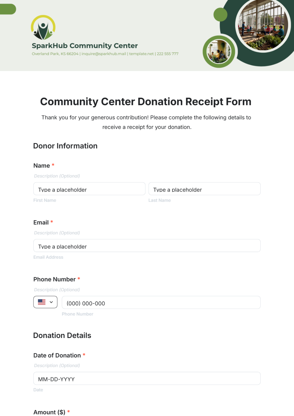 Community Center Donation Receipt Form Template - Edit Online & Download