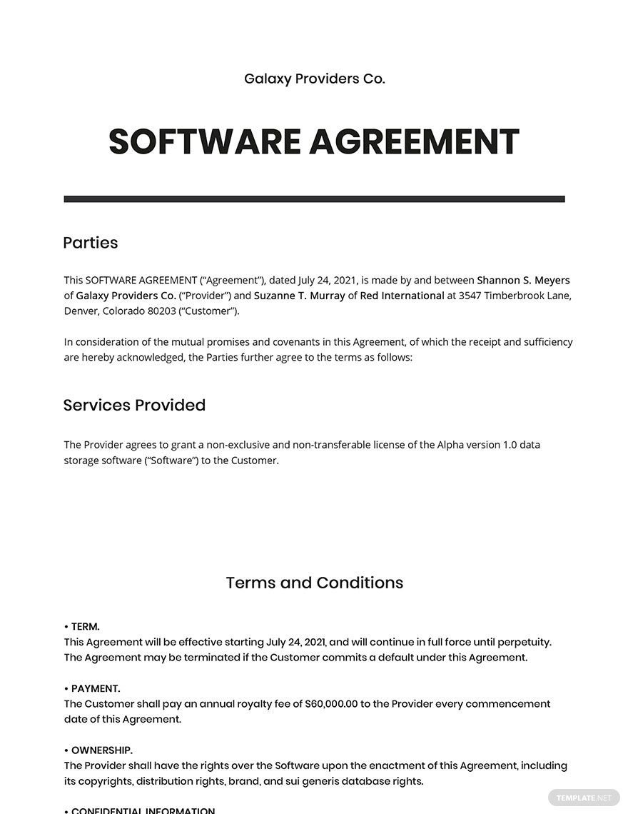 Free Sample Software Agreement Template