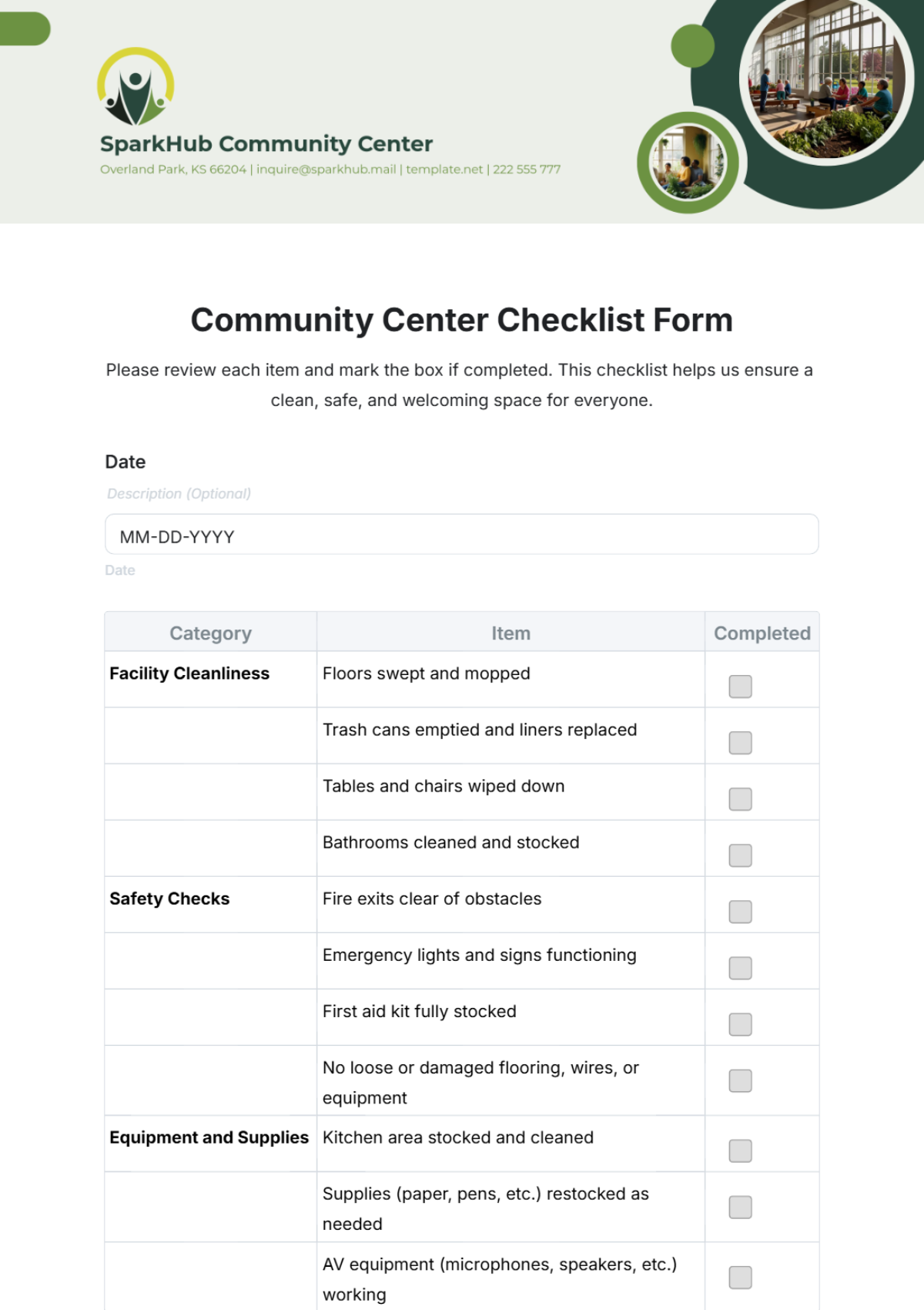 Community Center Checklist Form Template - Edit Online & Download