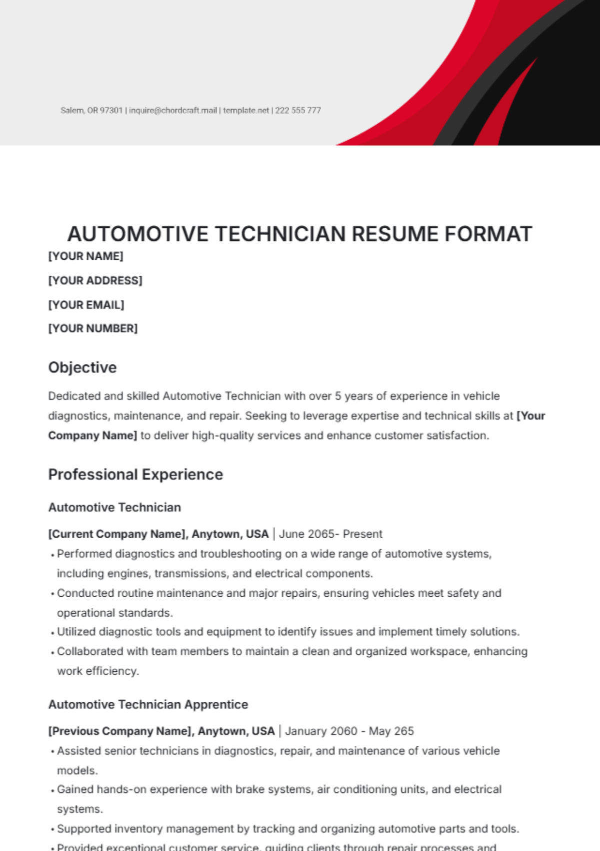 Automotive Technician Resume Format Template - Edit Online & Download