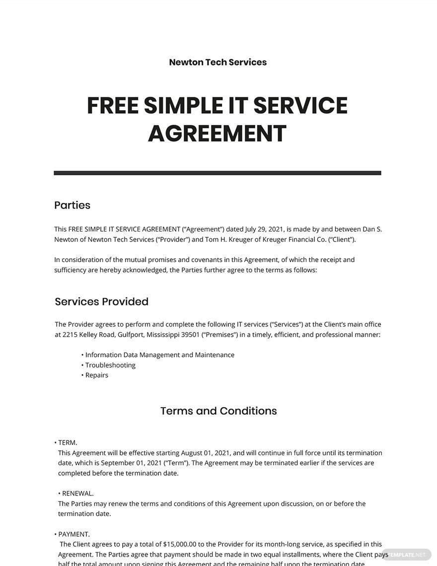Simple IT Service Agreement Template