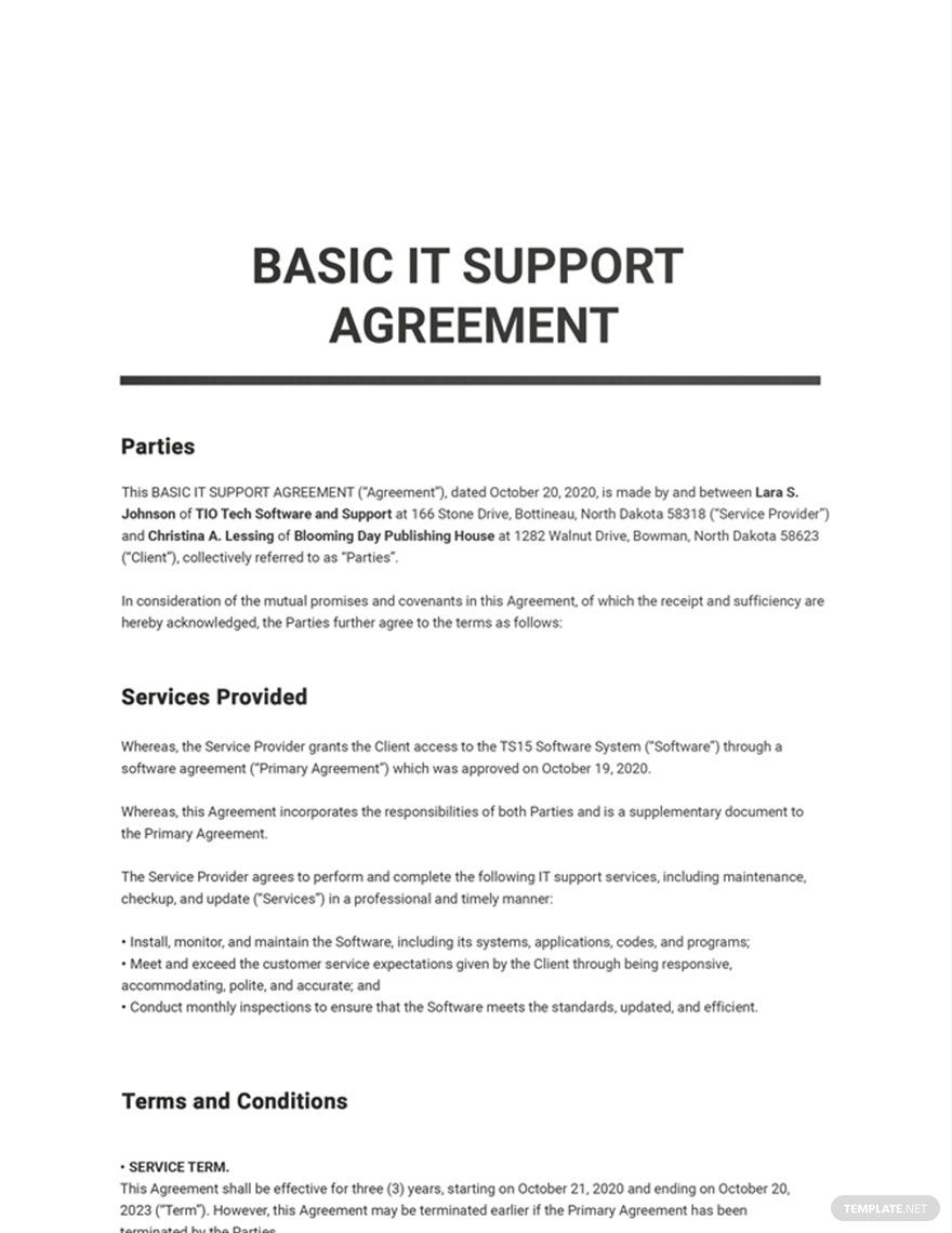 Free Basic IT Support Agreement Template