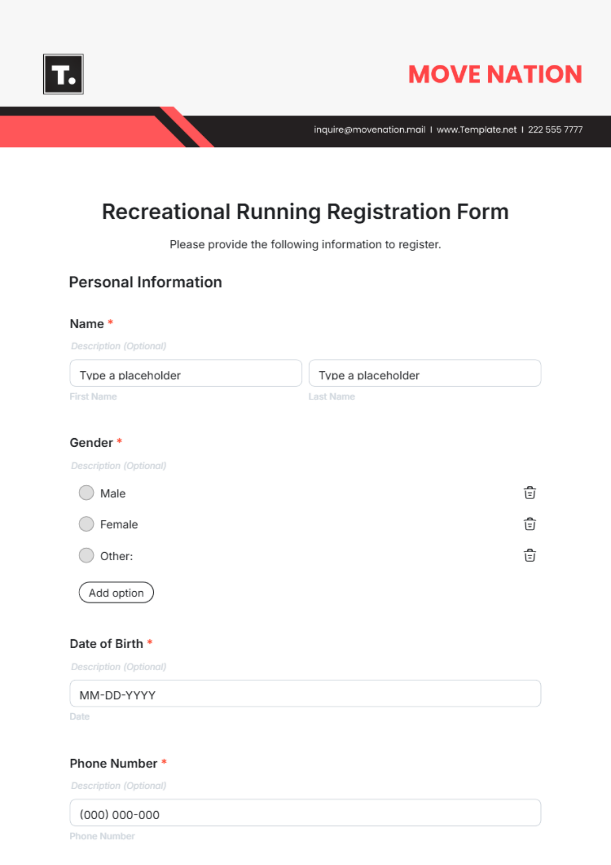 Recreational Running Registration Form Template - Edit Online & Download