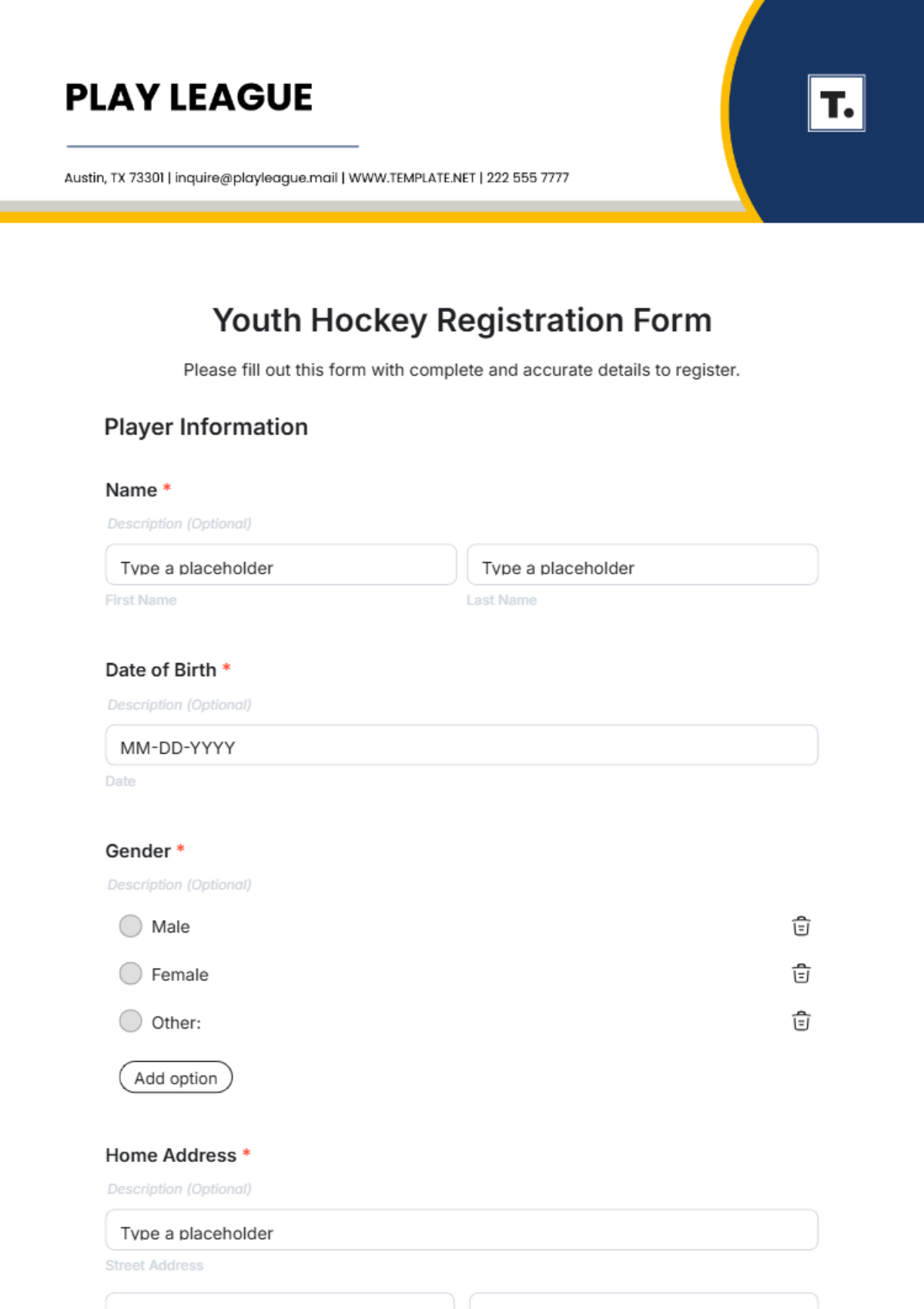 Youth Hockey Registration Form Template - Edit Online & Download