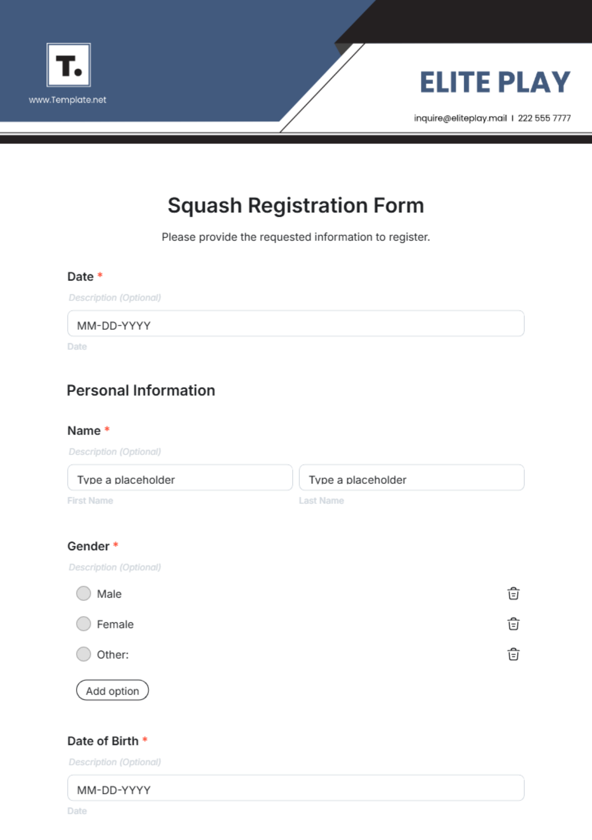 Squash Registration Form Template - Edit Online & Download