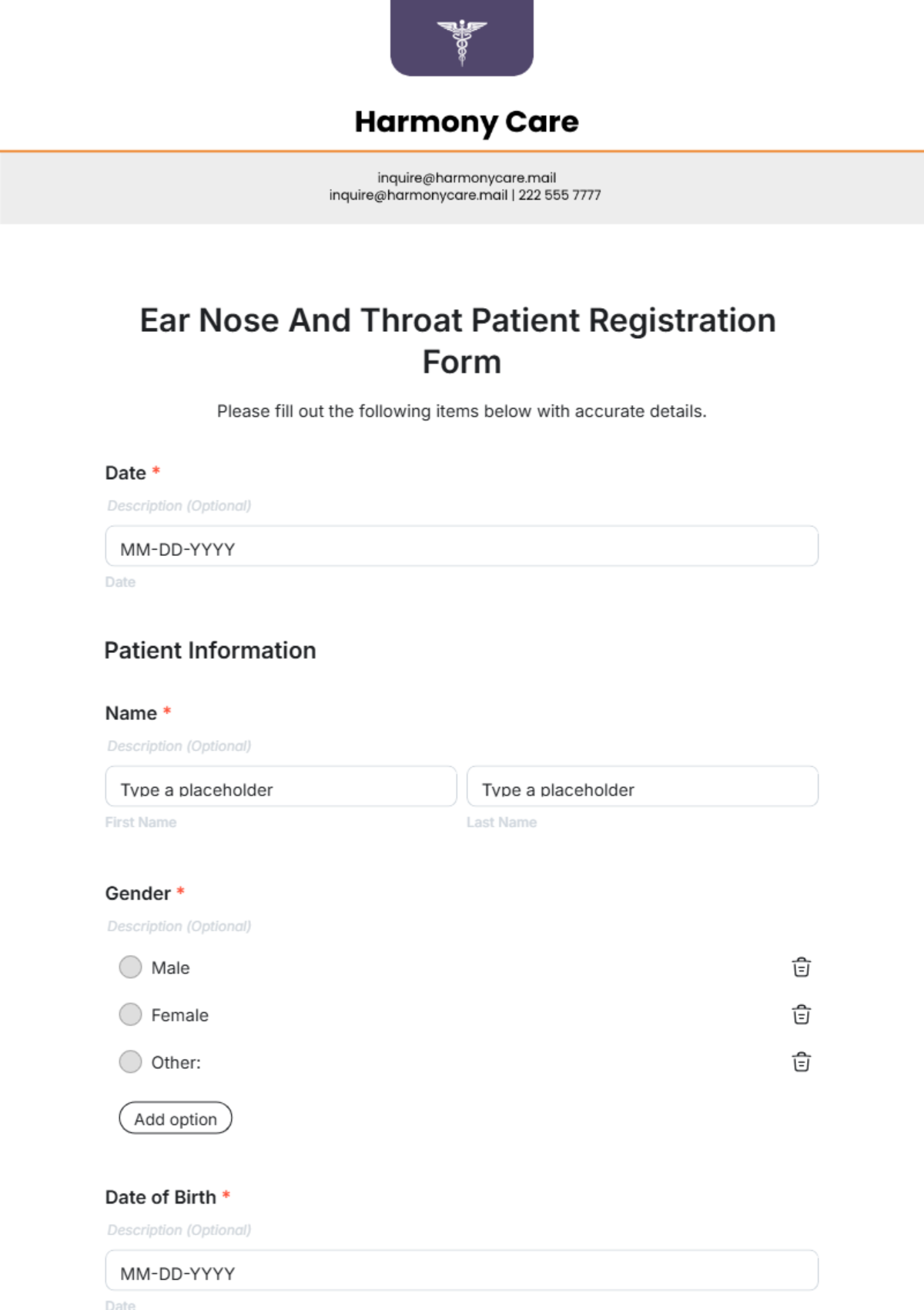 Ear Nose And Throat Patient Registration Form Template - Edit Online & Download