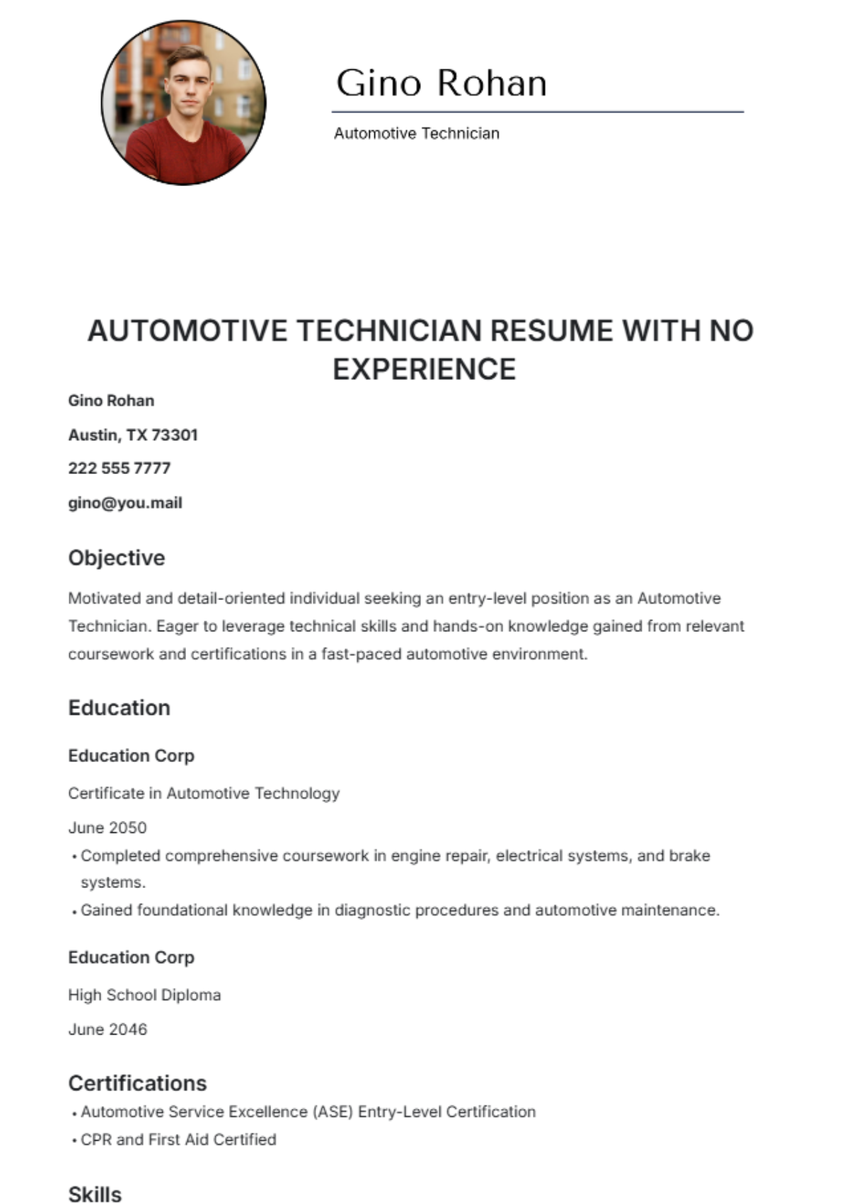 Automotive Technician Resume with No Experience Template