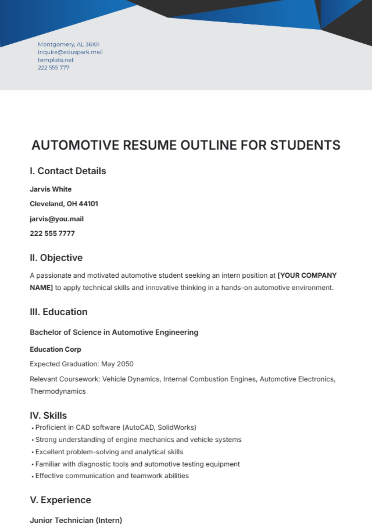 Automotive Resume Outline for Students Template