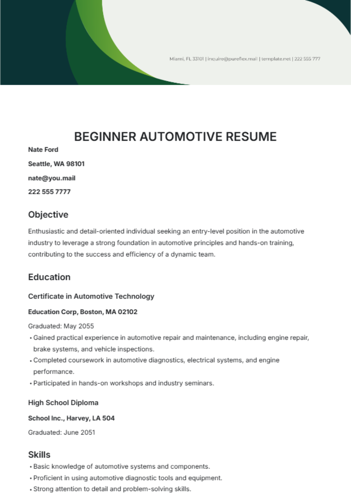 Beginner Automotive Resume Template - Edit Online & Download