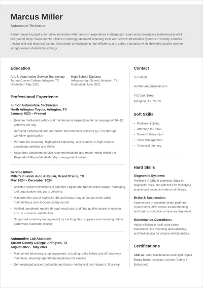 Free Beginner Automotive ATS Resume Template, AI Resume Builder