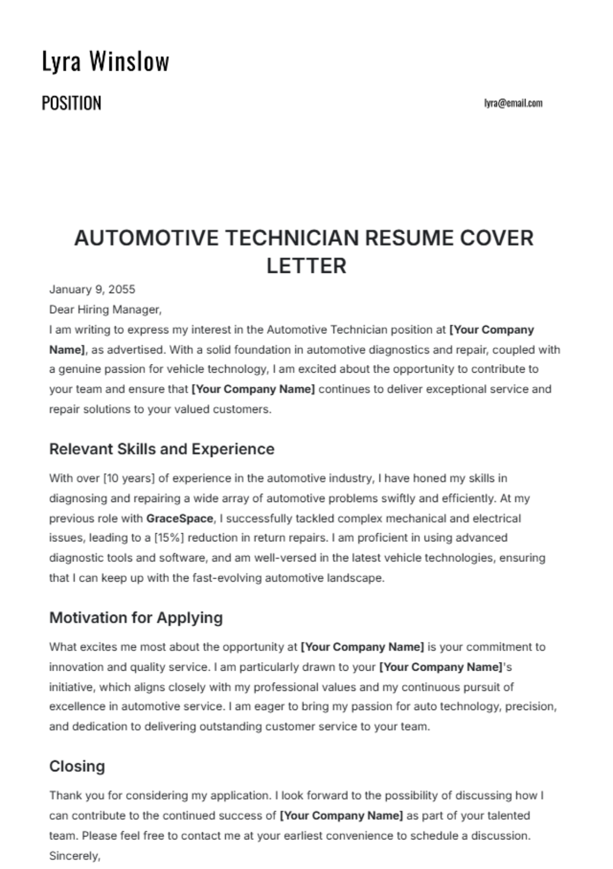 Automotive Technician Resume Cover Letter Template - Edit Online & Download