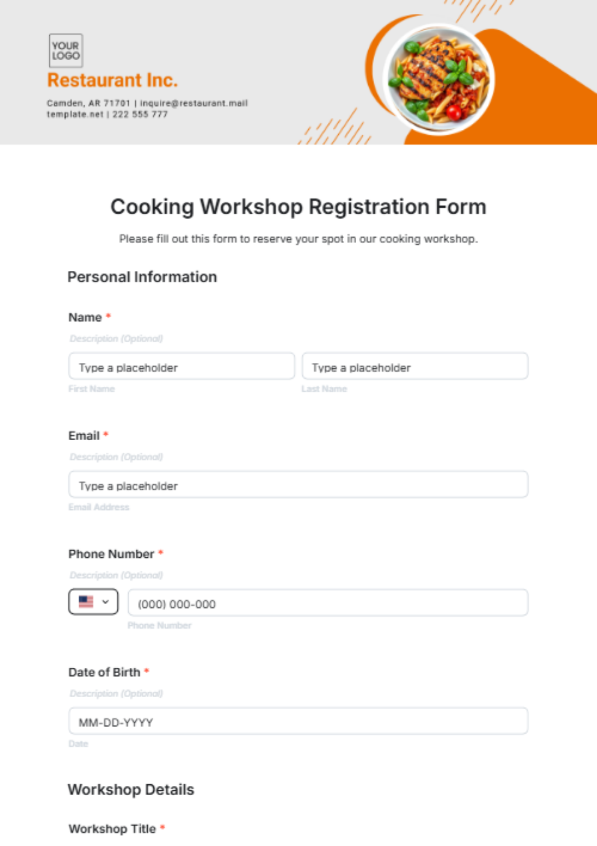 Cooking Workshop Registration Form Template - Edit Online & Download