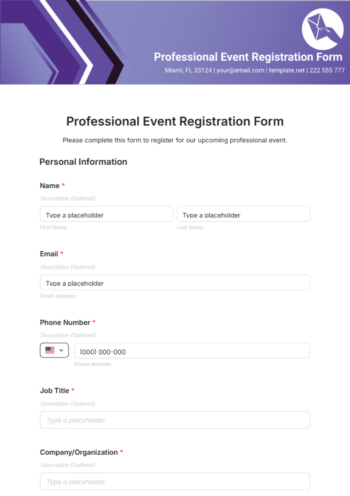 Professional Event Registration Form Template - Edit Online & Download