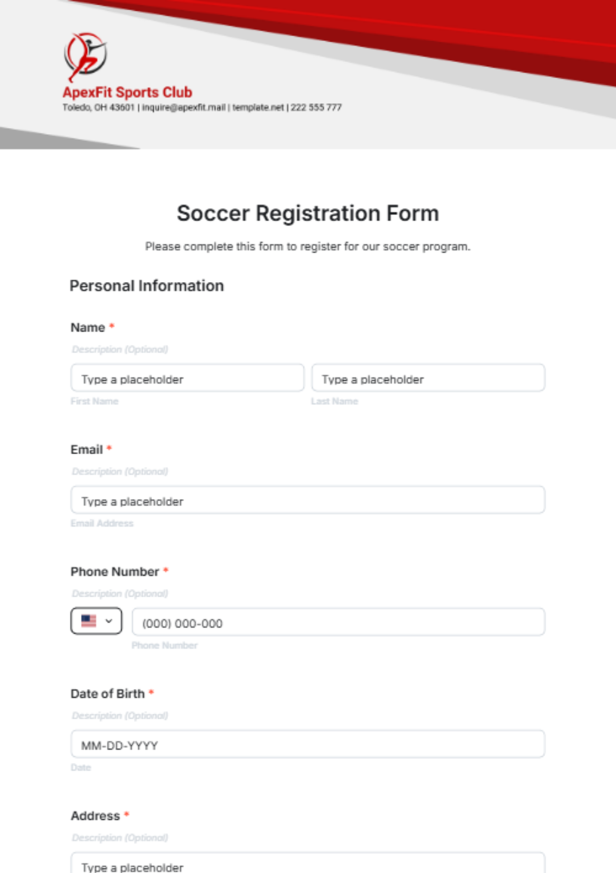 Soccer Registration Form Template - Edit Online & Download