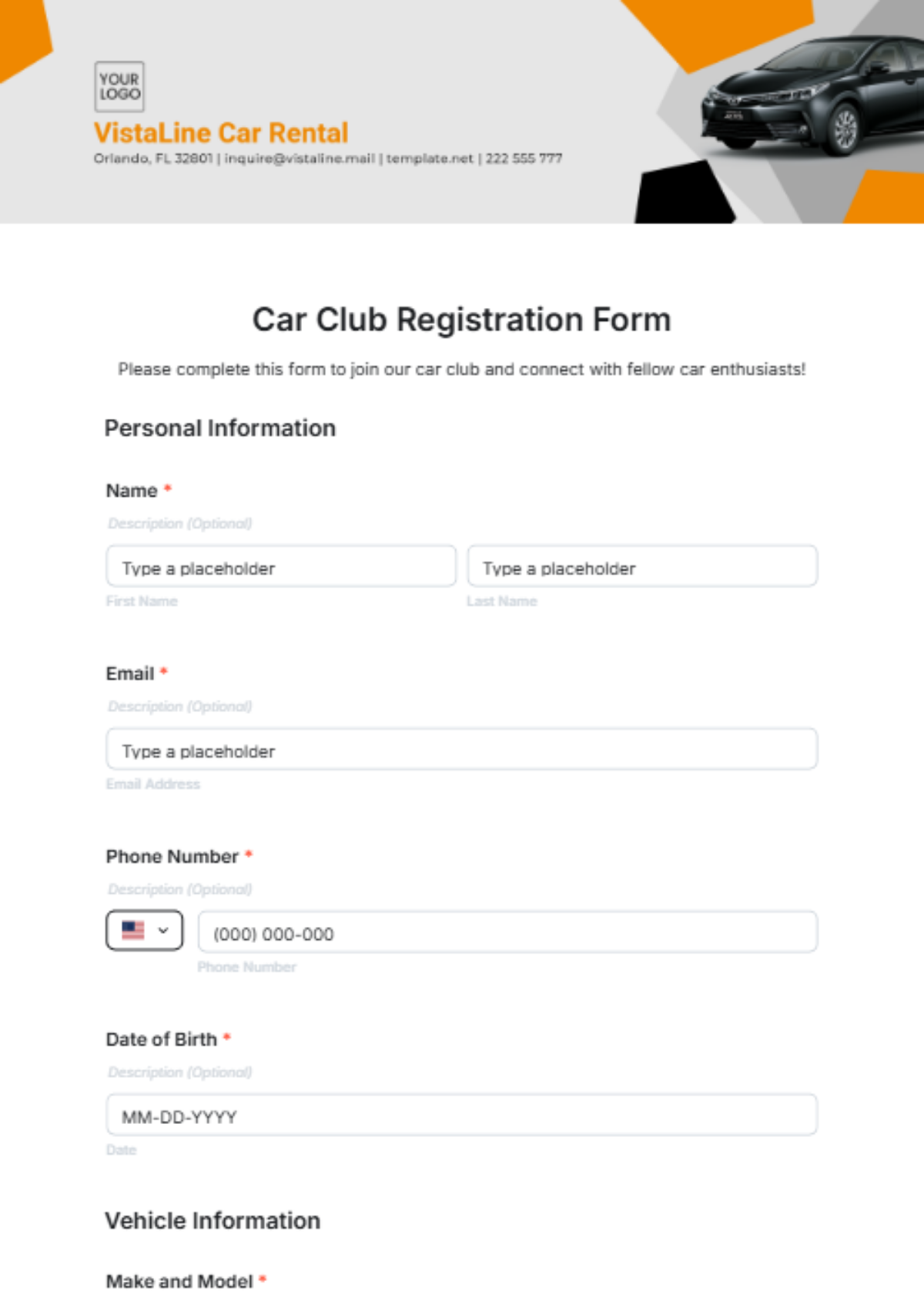 Car Club Registration Form Template - Edit Online & Download