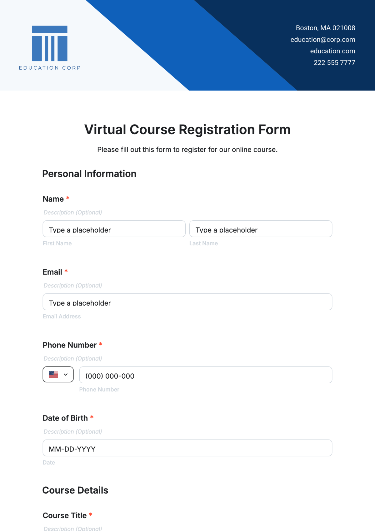 Virtual Course Registration Form Template - Edit Online & Download