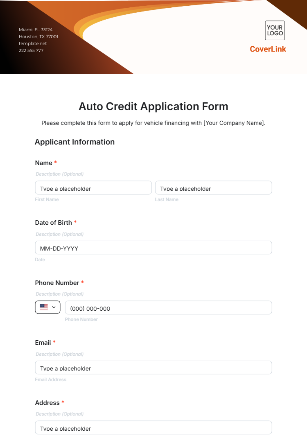 Auto Credit Application Form Template - Edit Online & Download