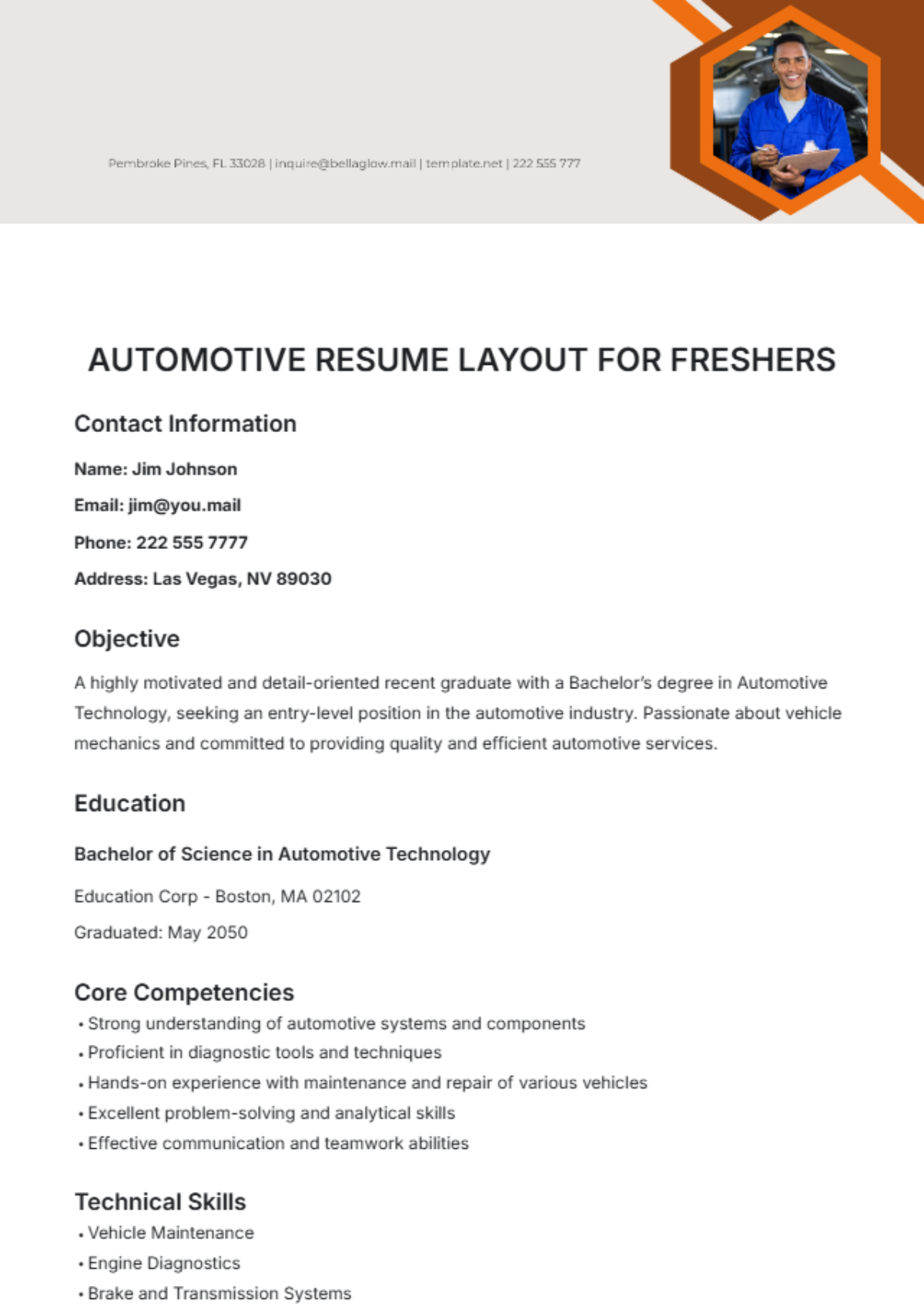 Automotive Resume Layout for Freshers Template - Edit Online & Download