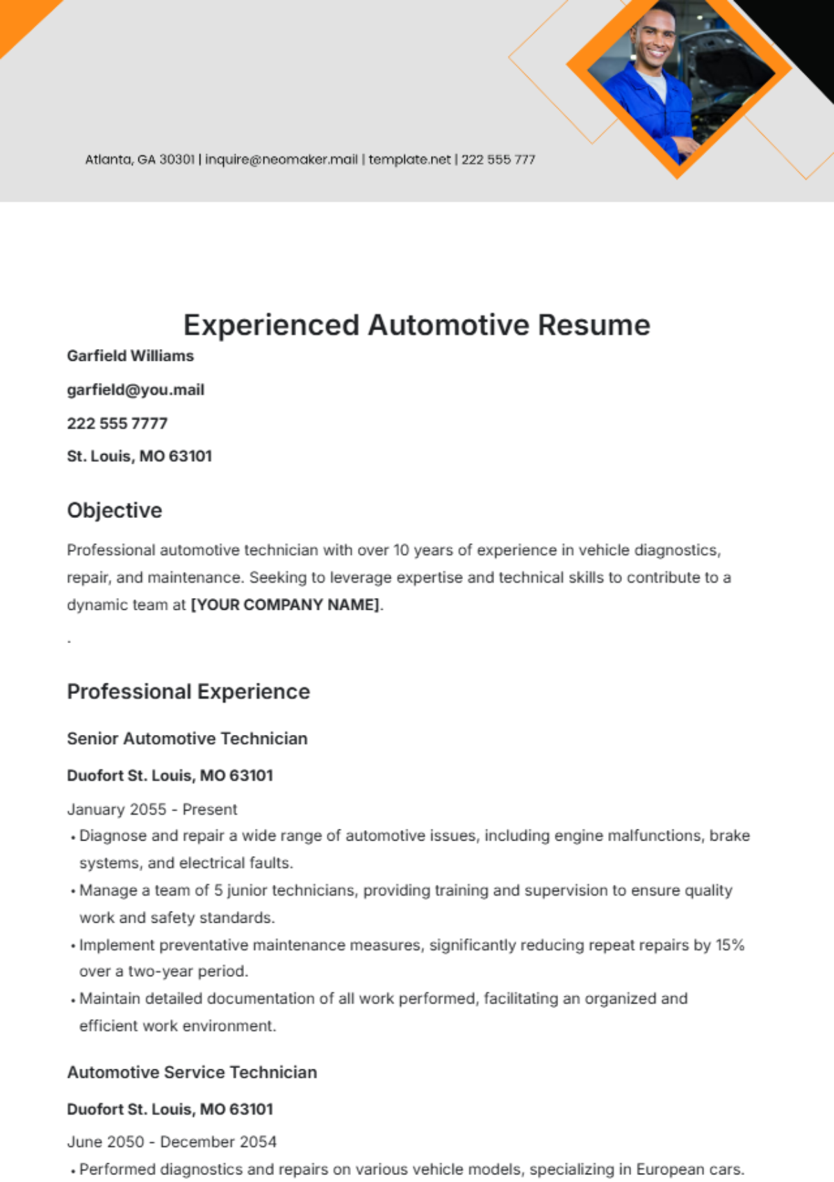 Experienced Automotive Resume Template - Edit Online & Download