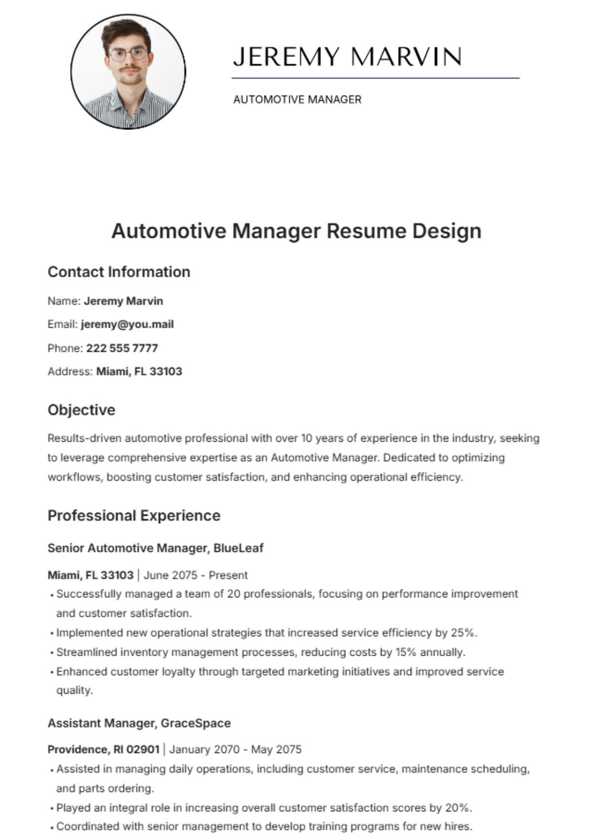 Automotive Manager Resume Design Template - Edit Online & Download