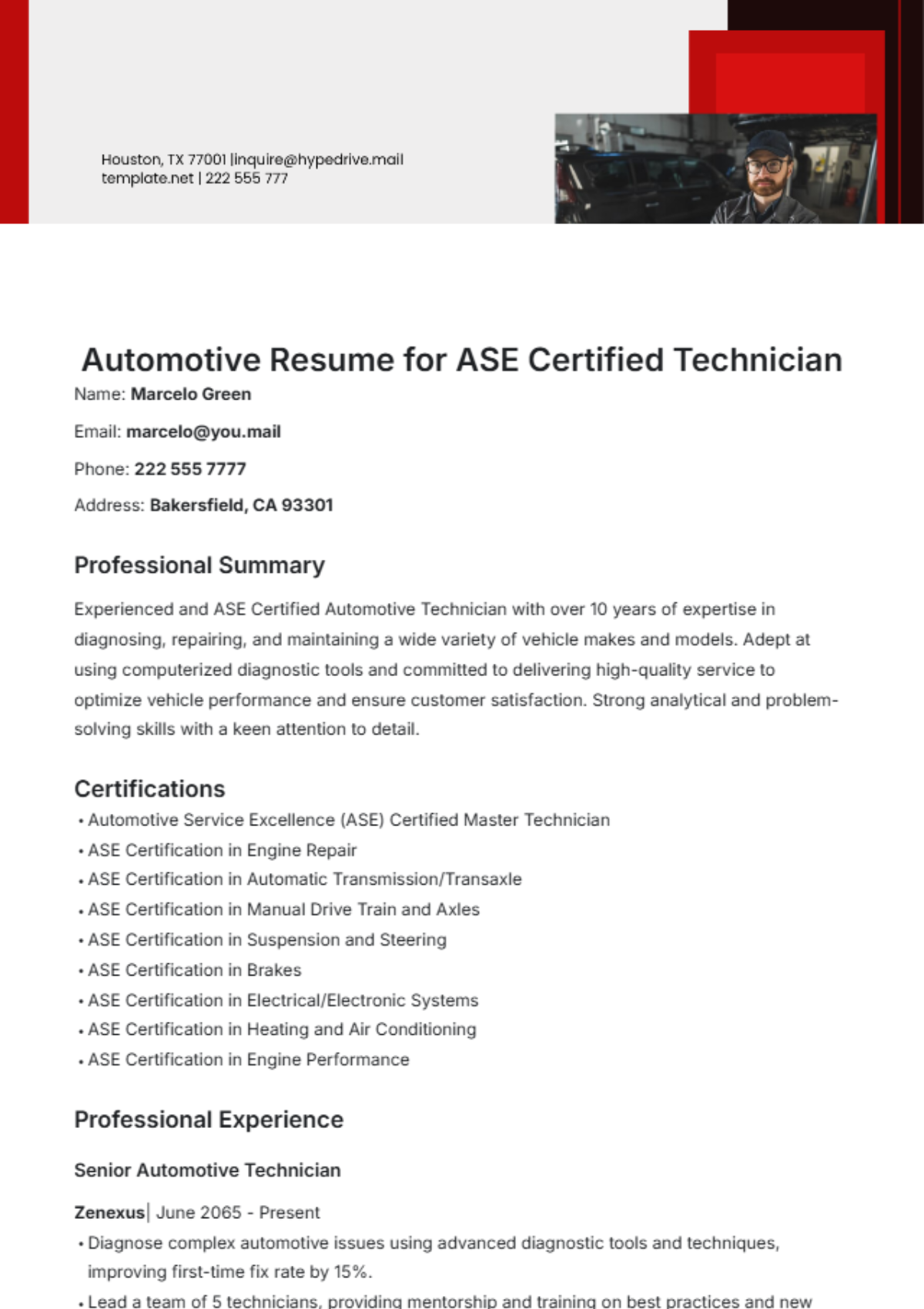 Automotive Resume for ASE Certified Technician Template - Edit Online & Download