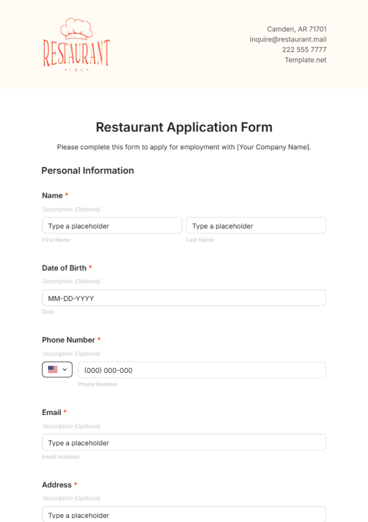 Restaurant Application Form Template - Edit Online & Download