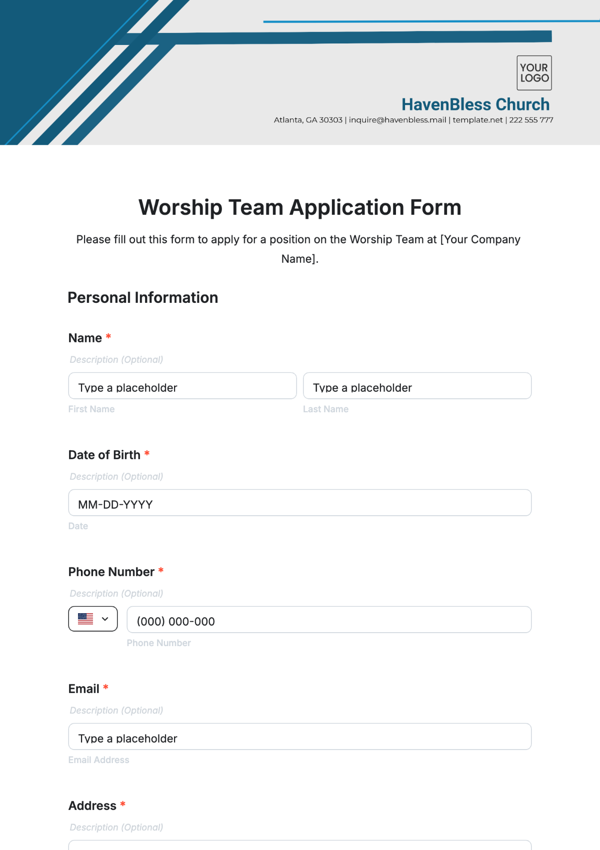 Worship Team Application Form Template - Edit Online & Download