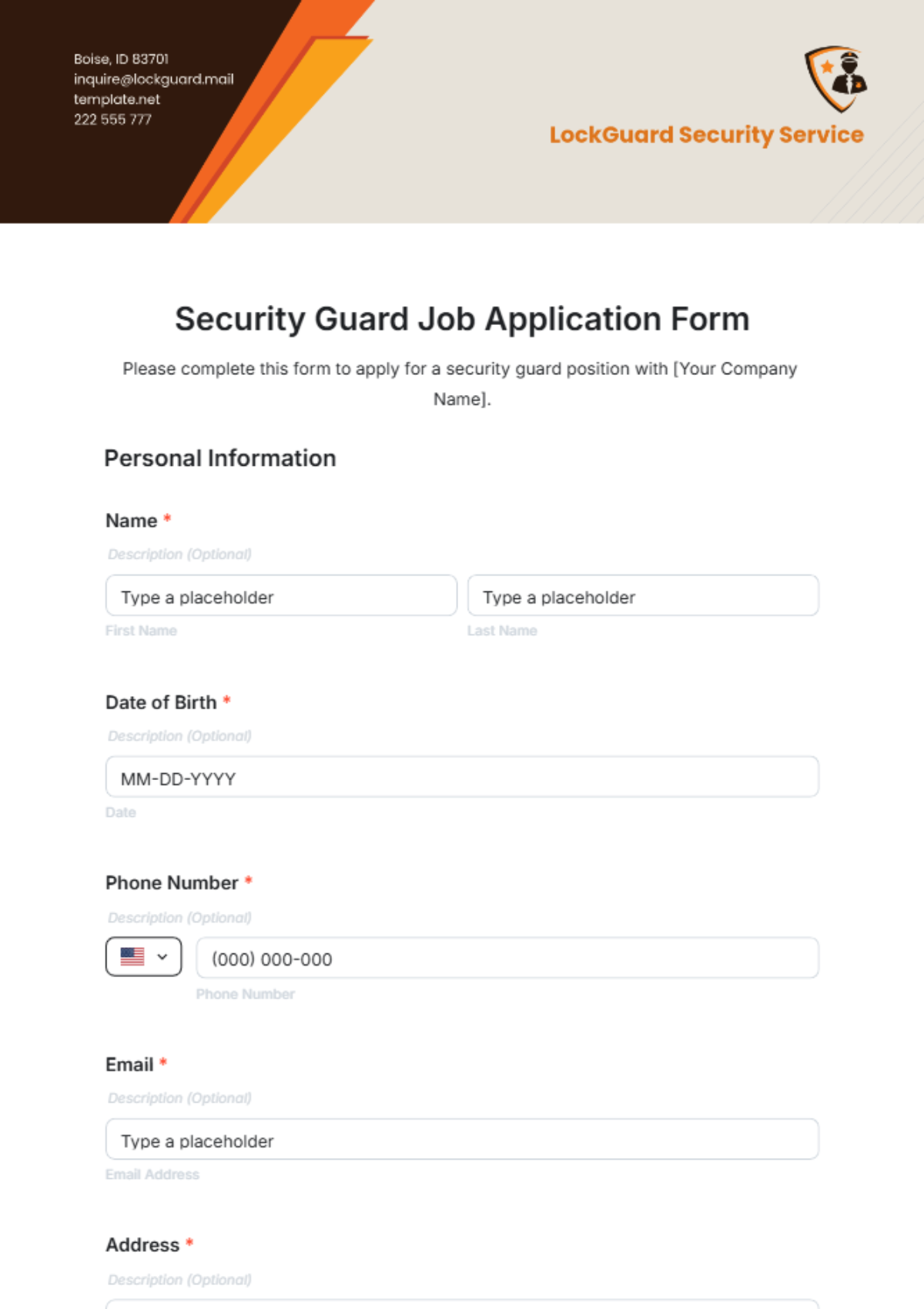 Security Guard Job Application Form Template - Edit Online & Download