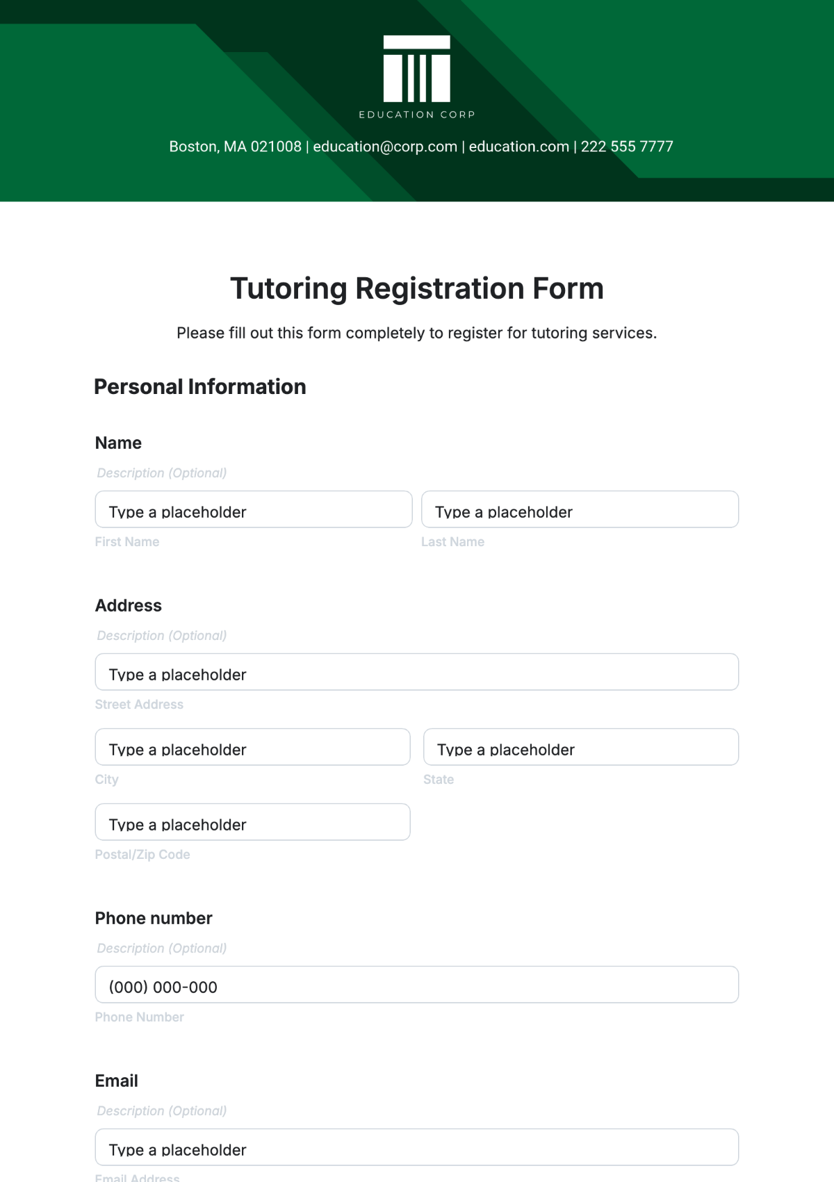 Tutoring Registration Form Template - Edit Online & Download