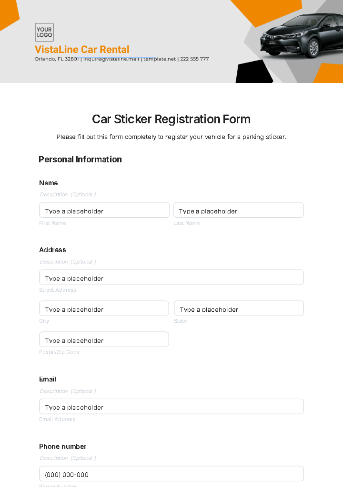 Car Sticker Registration Form Template - Edit Online & Download