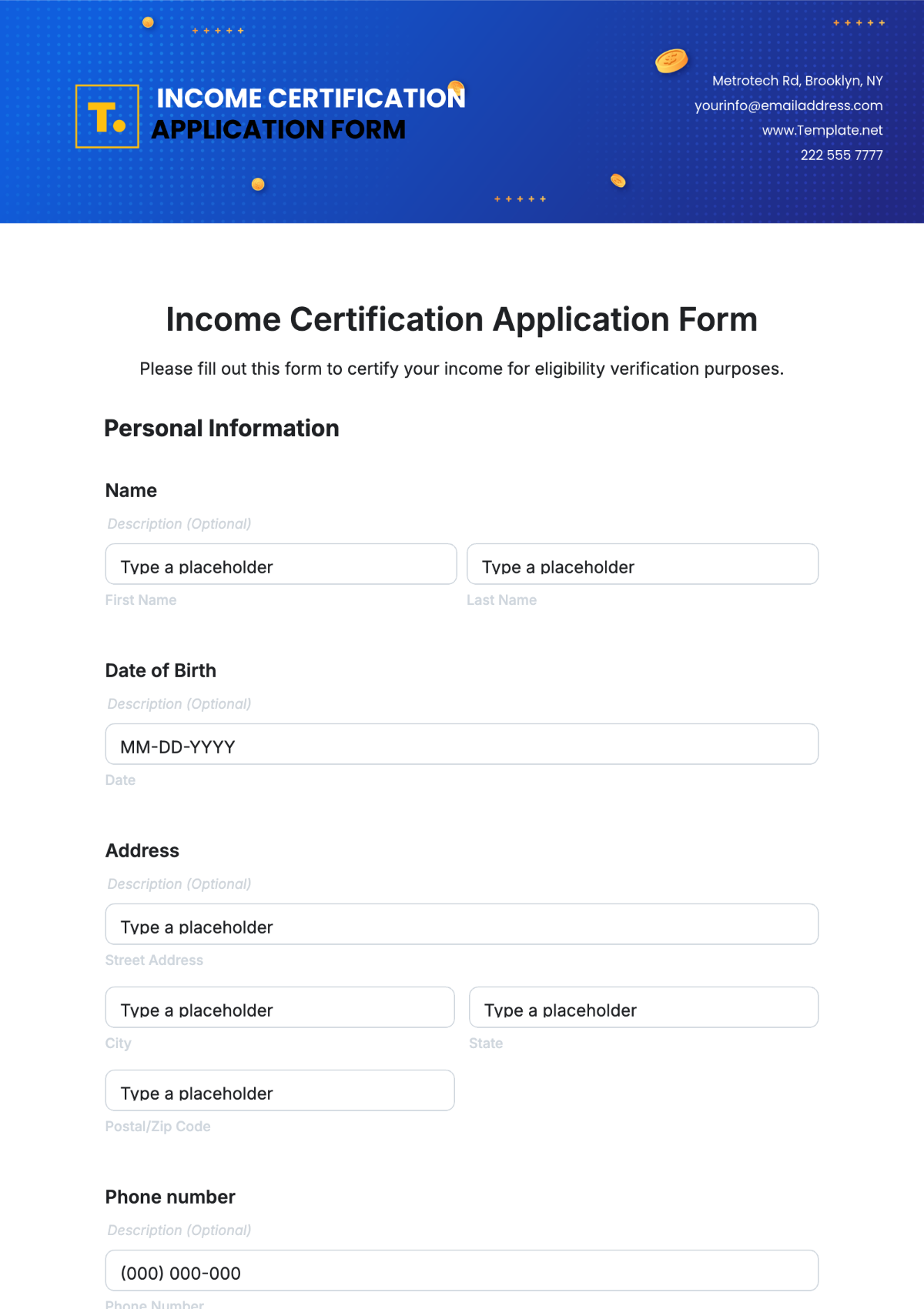 Income Certification Application Form Template - Edit Online & Download