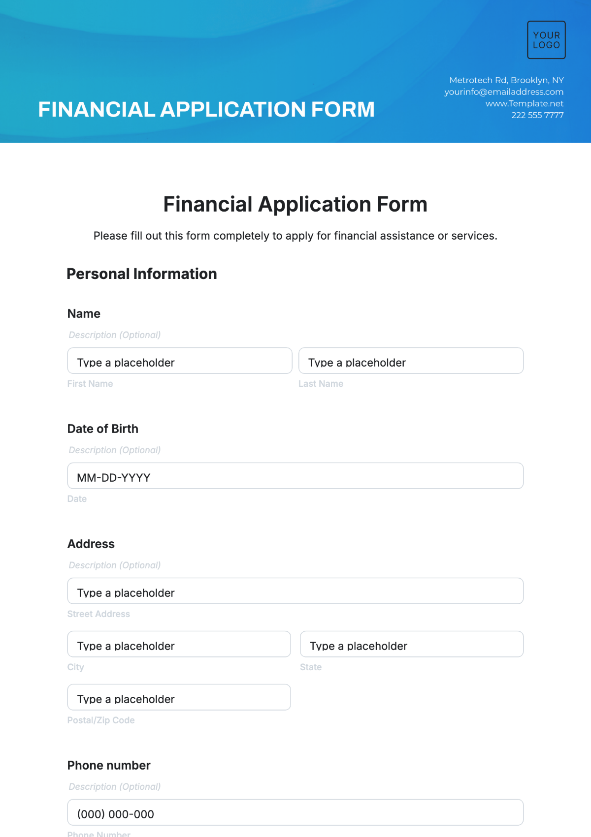 Financial Application Form Template - Edit Online & Download