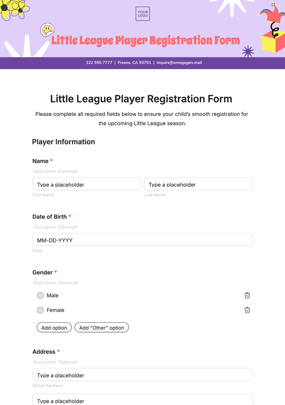 Little League Player Registration Form Template - Edit Online & Download