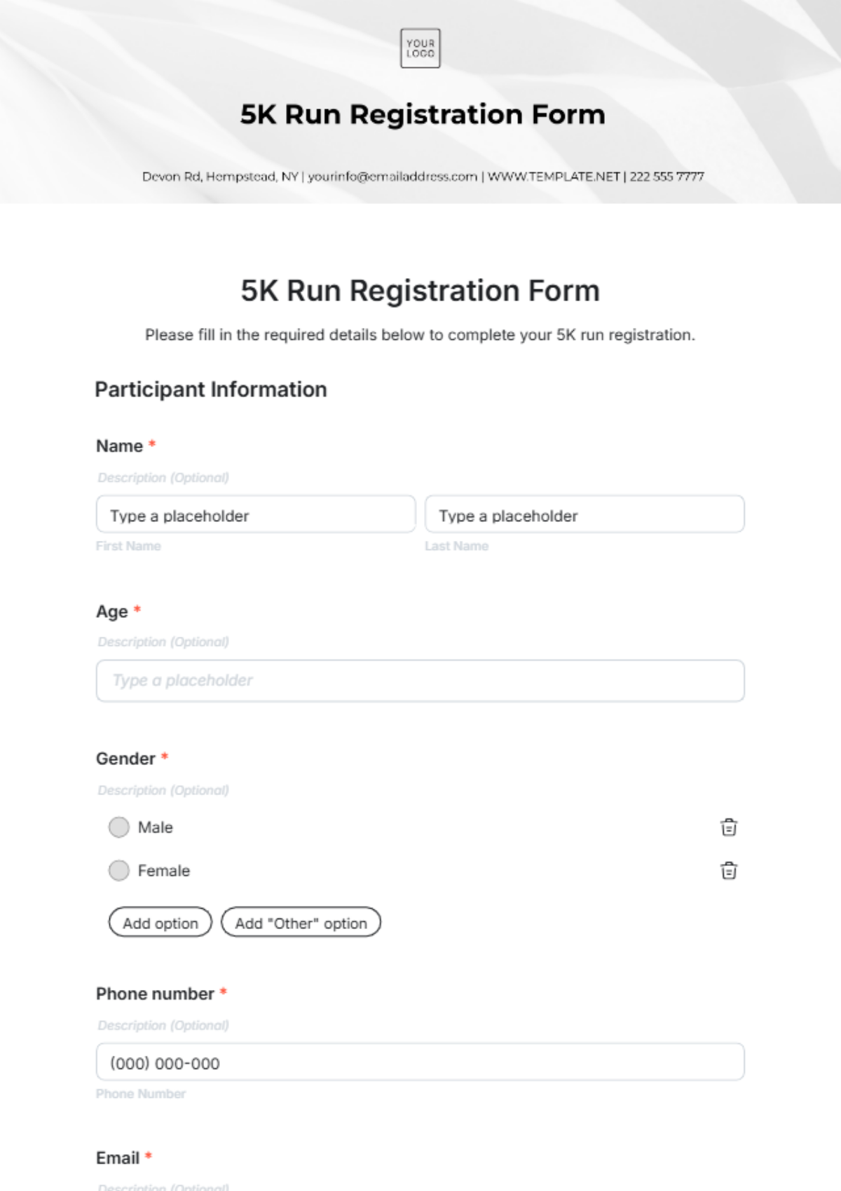 5K Run Registration Form Template - Edit Online & Download