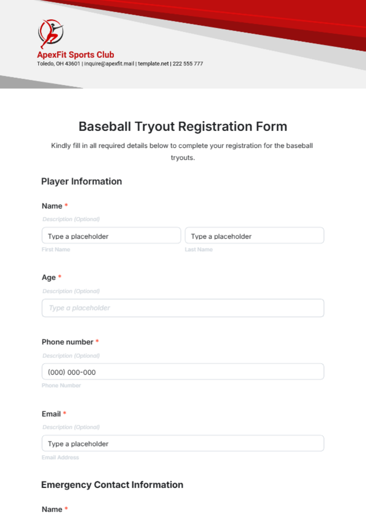 Baseball Tryout Registration Form Template - Edit Online & Download