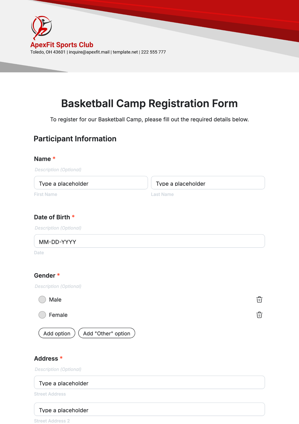 Basketball Camp Registration Form Template - Edit Online & Download