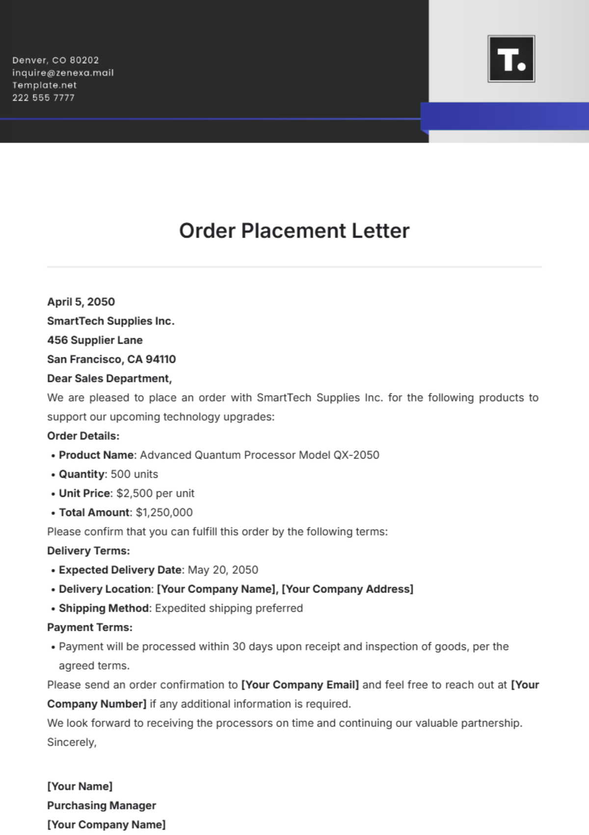 Order Placement Letter Template - Edit Online & Download