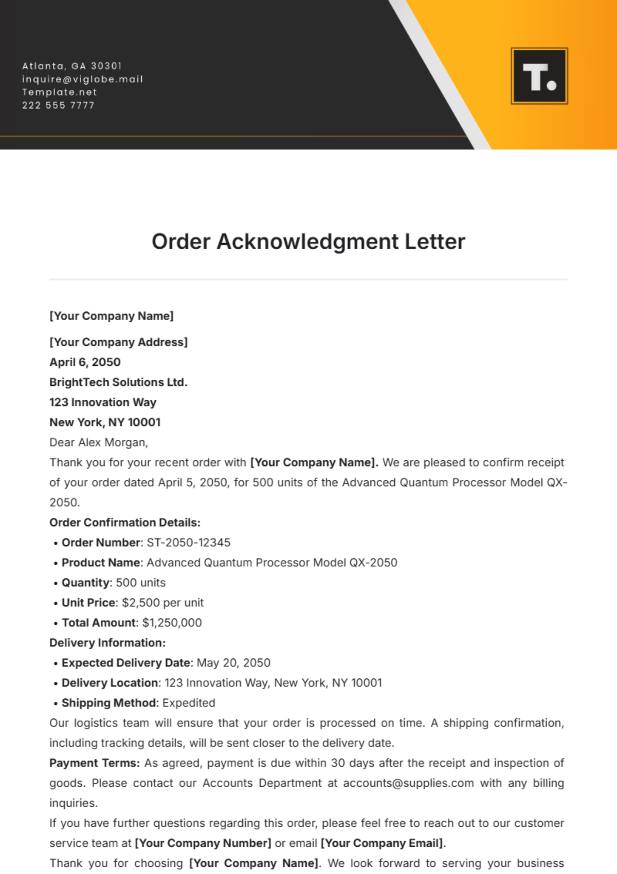 Order Acknowledgment Letter Template - Edit Online & Download