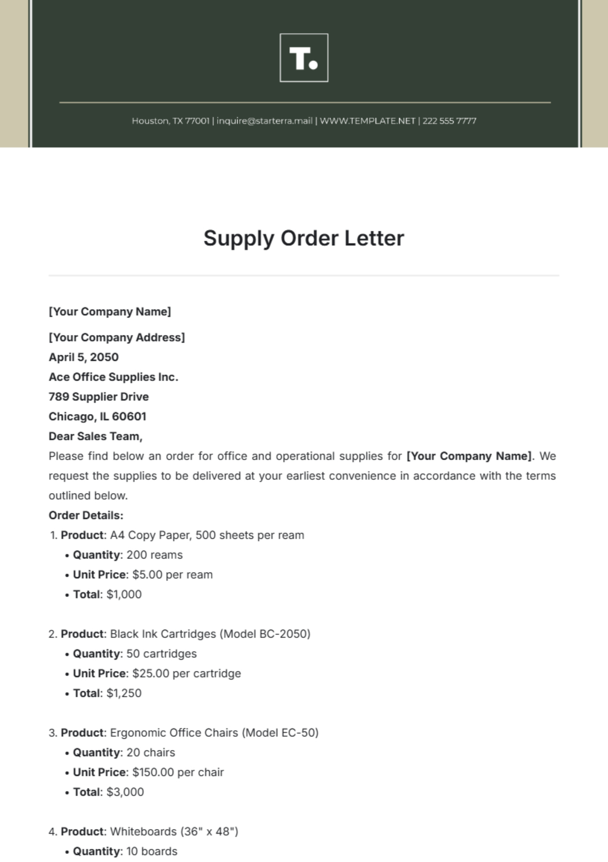 Supply Order Letter Template - Edit Online & Download