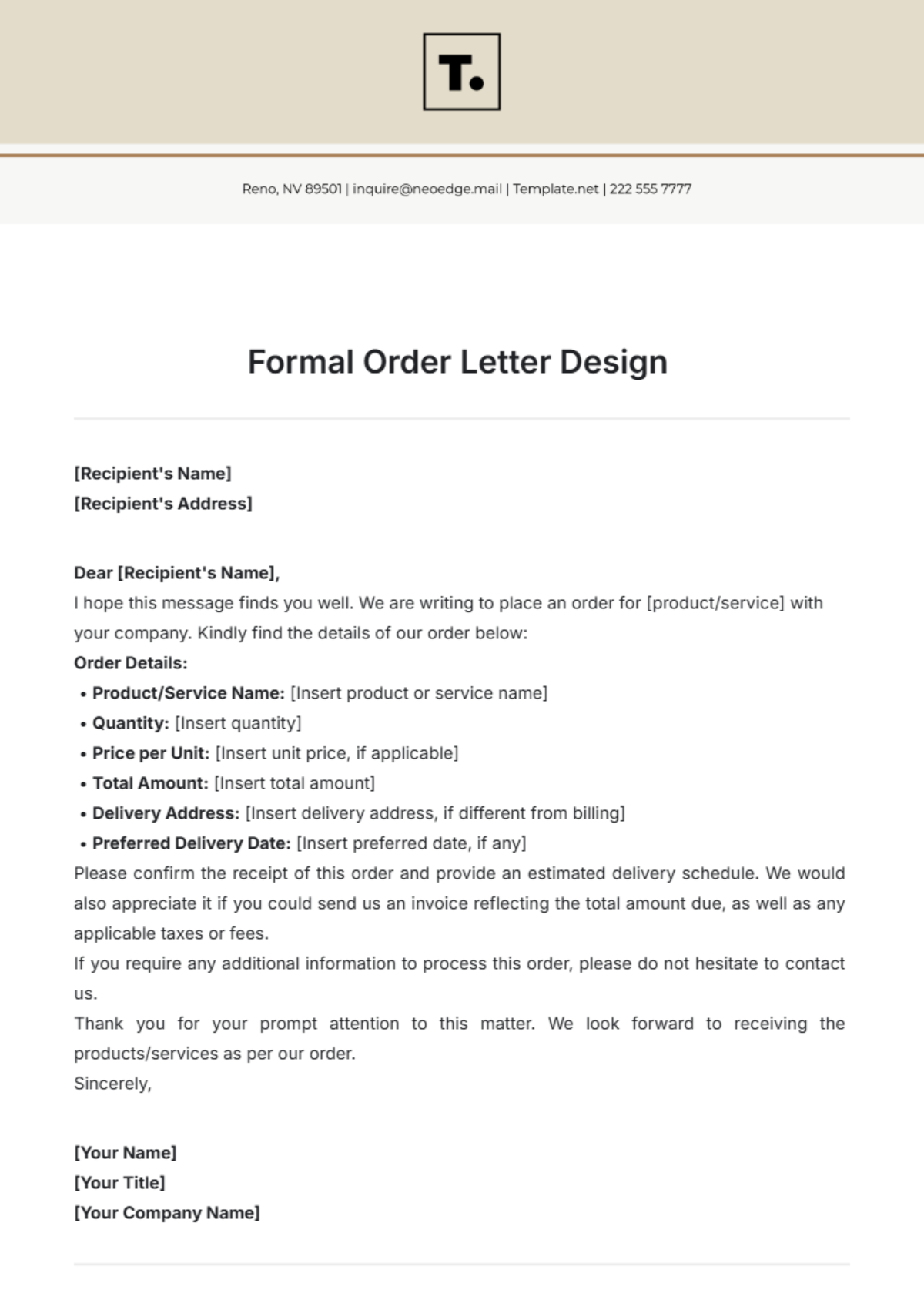 Formal Order Letter Design Template - Edit Online & Download