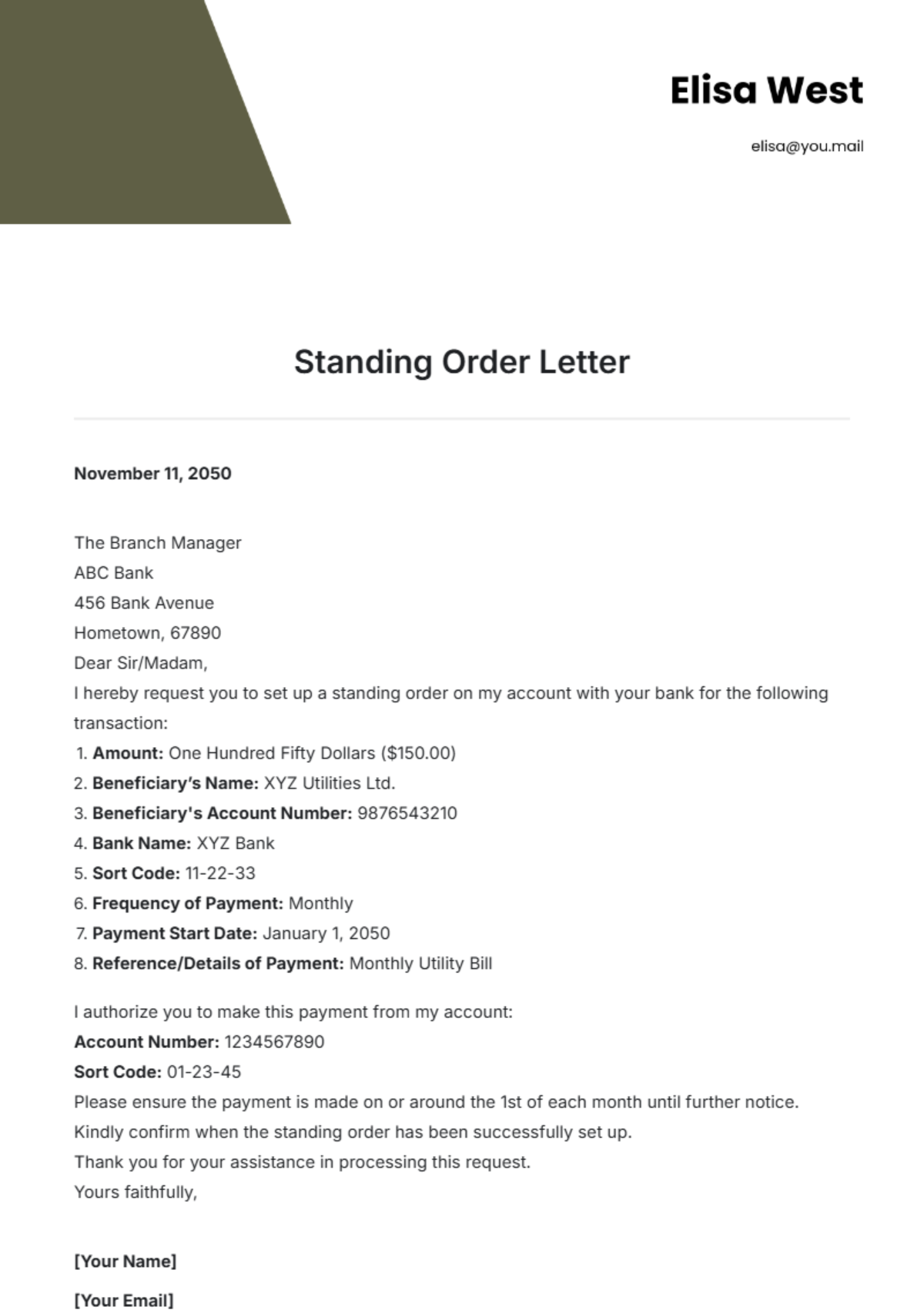 Standing Order Letter Template - Edit Online & Download