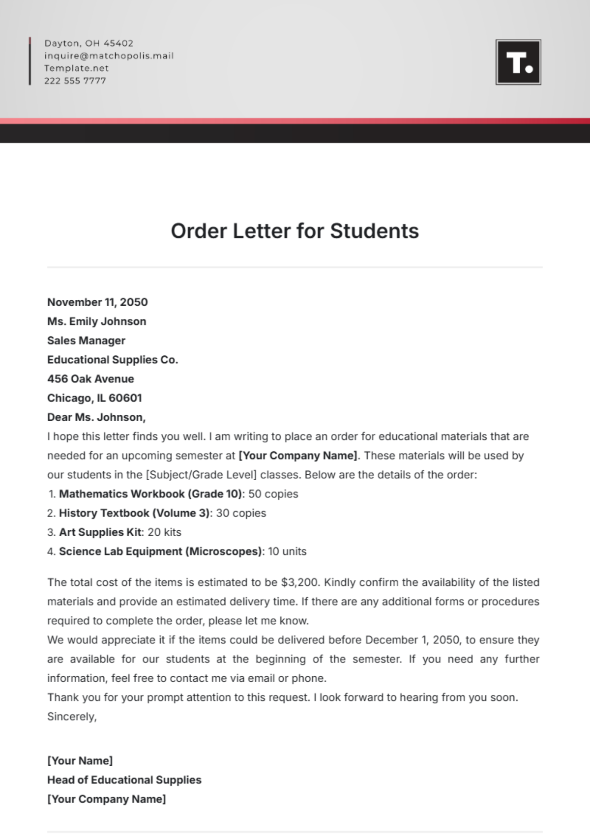 Order Letter for Students Template - Edit Online & Download