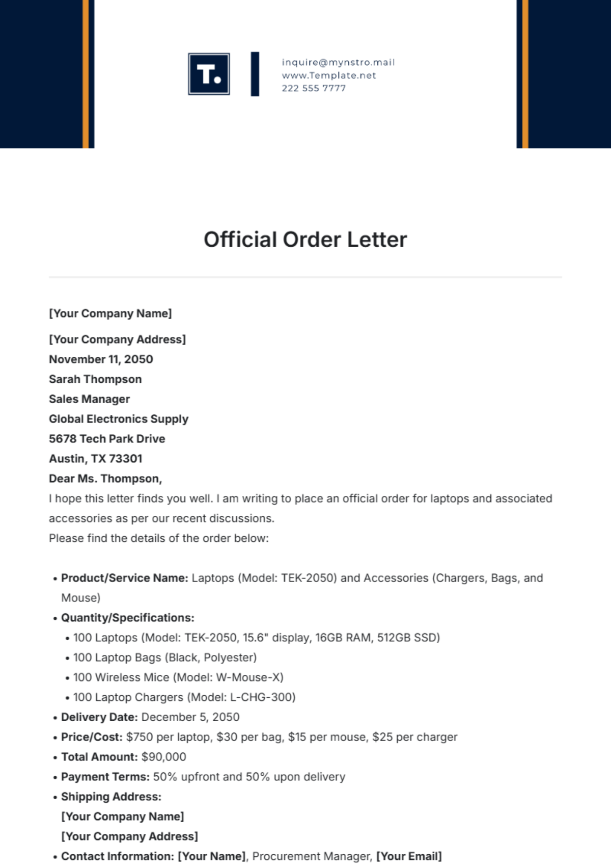 Official Order Letter Template - Edit Online & Download