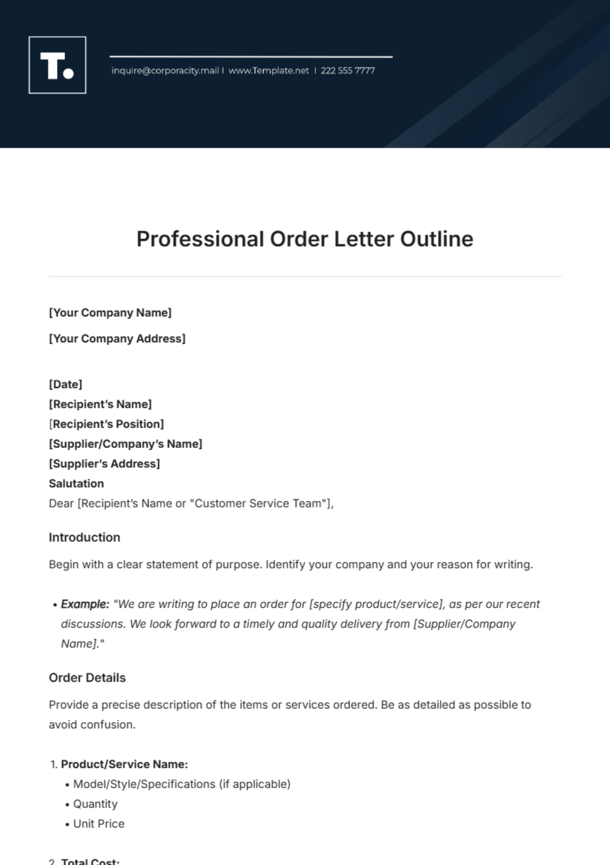 Professional Order Letter Outline Template - Edit Online & Download