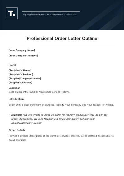 Free Professional Order Letter Outline Template to Edit Online
